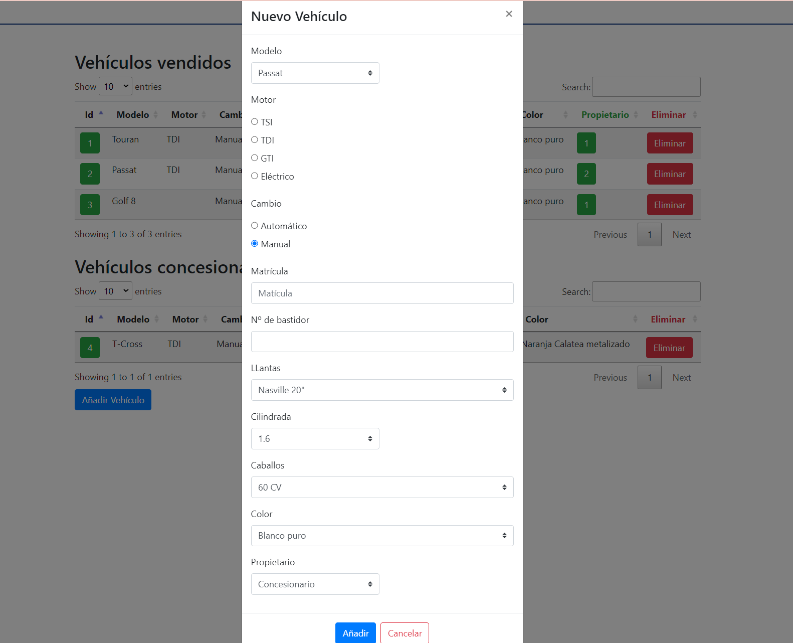 Formulario para añadir/editar vehículos.