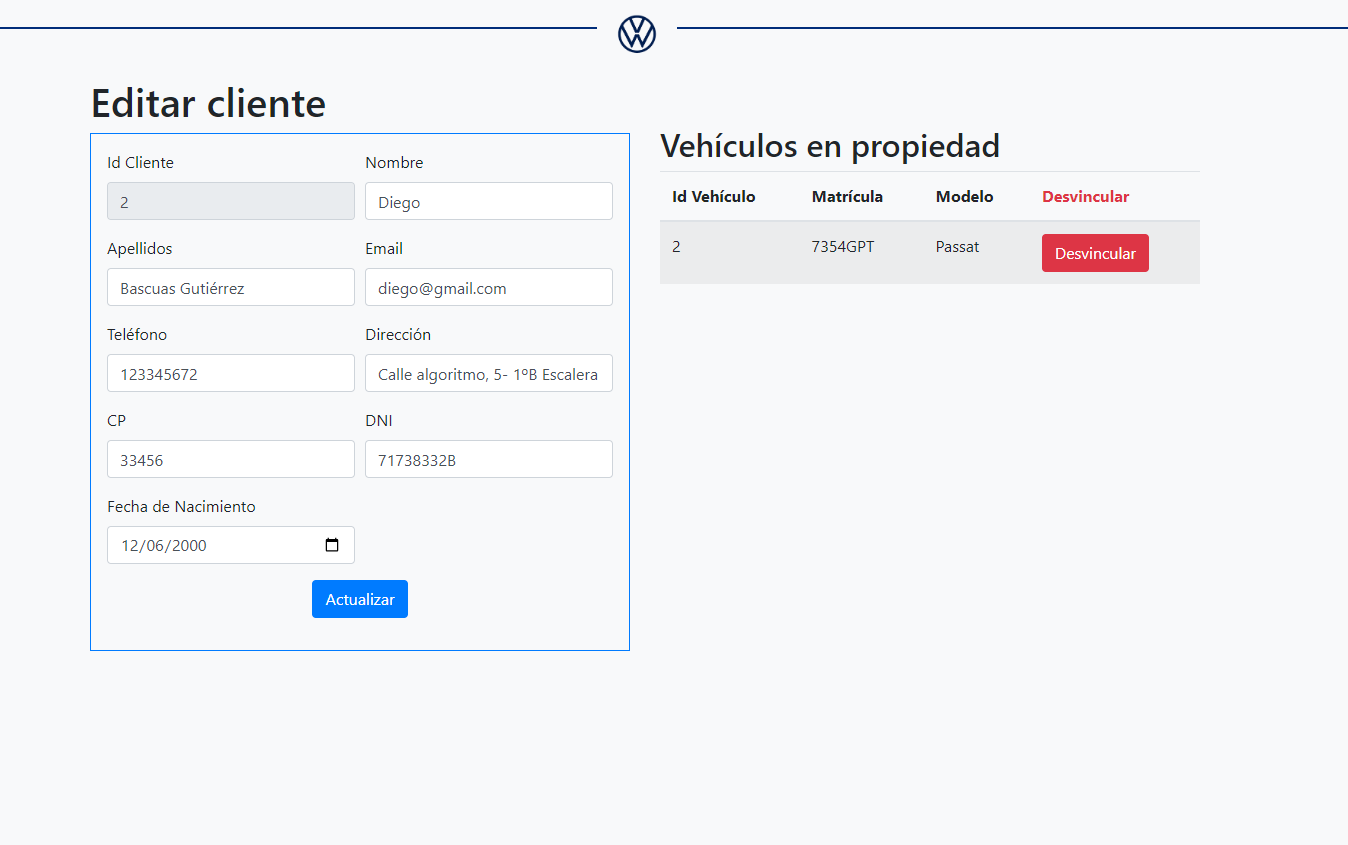 Ficha de cliente con historial y menú de acciones.