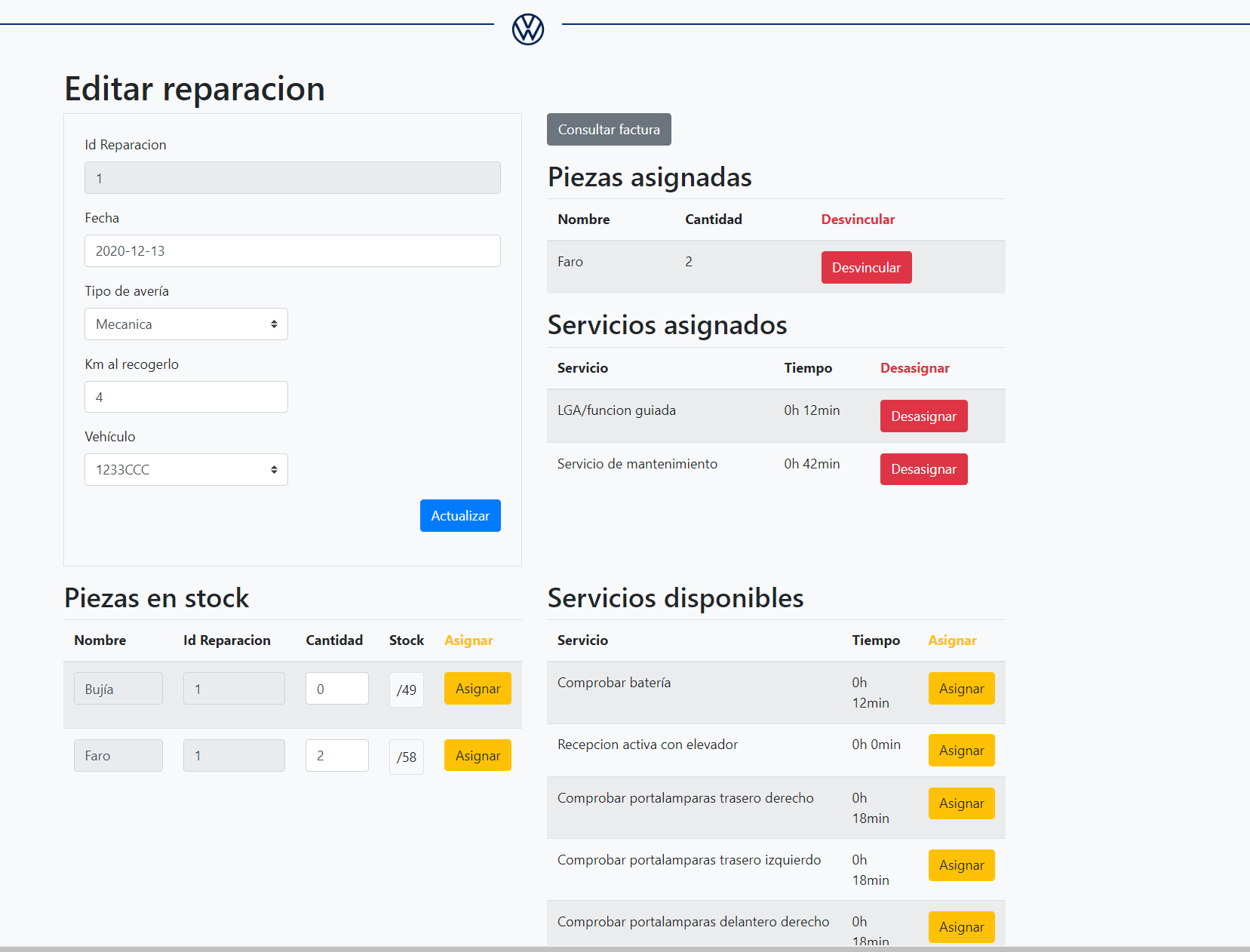 Editor del módulo de taller: crear/editar reparaciones.