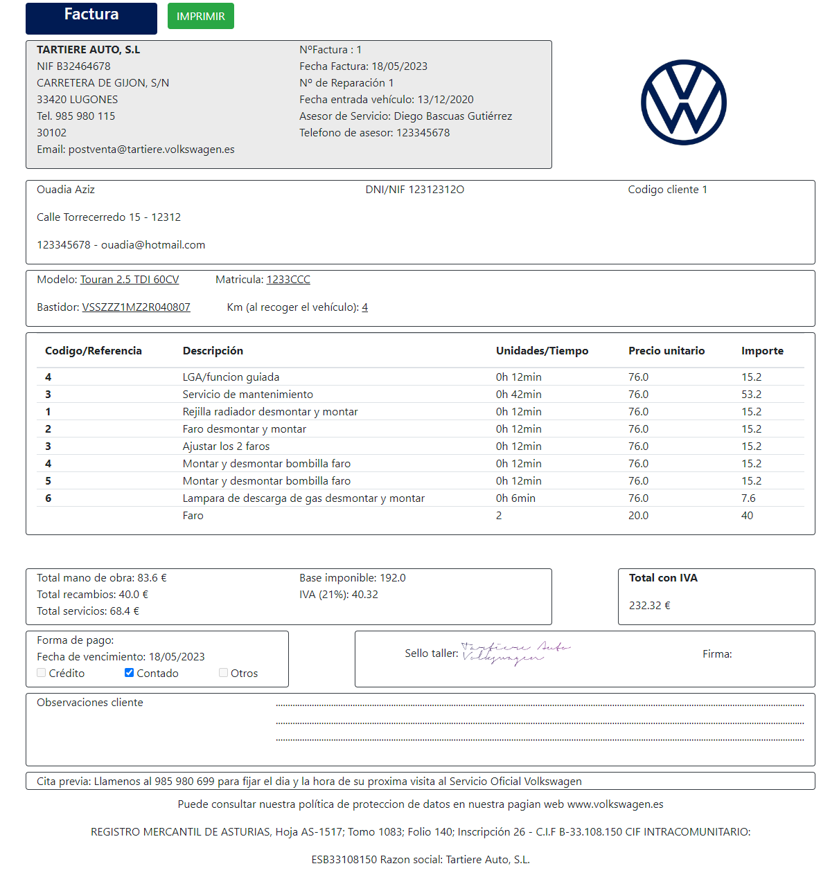 Factura generada y vista previa lista para impresión.