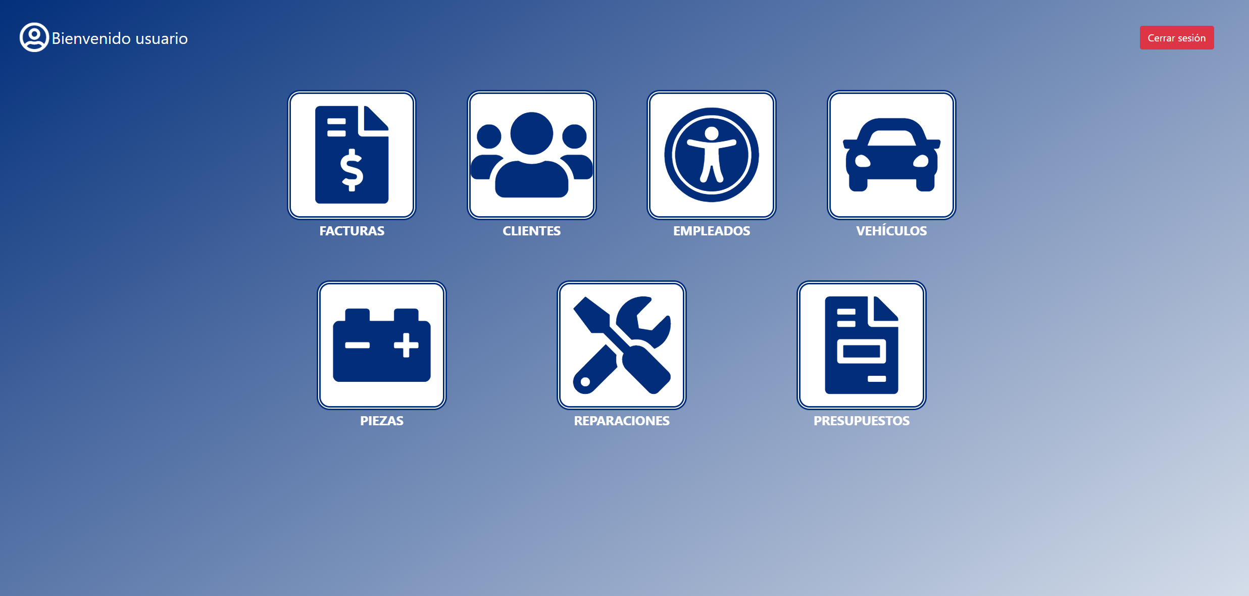 Panel principal y accesos rápidos del gestor.